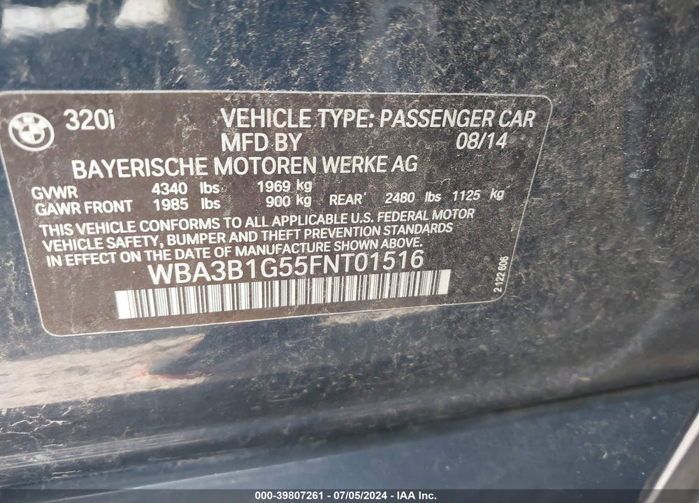 2015 BMW 320I VIN: WBA3B1G55FNT01516