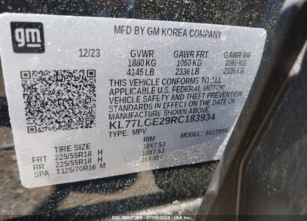 2024 CHEVROLET TRAX FWD 1RS VIN: KL77LGE29RC183934