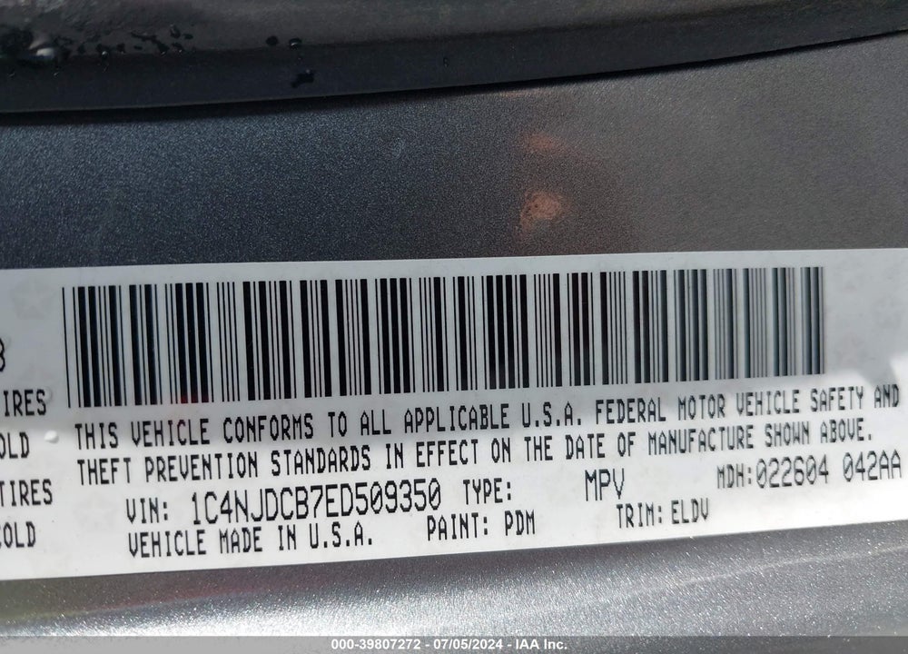 2014 JEEP COMPASS VIN: 1C4NJDCB7ED509350