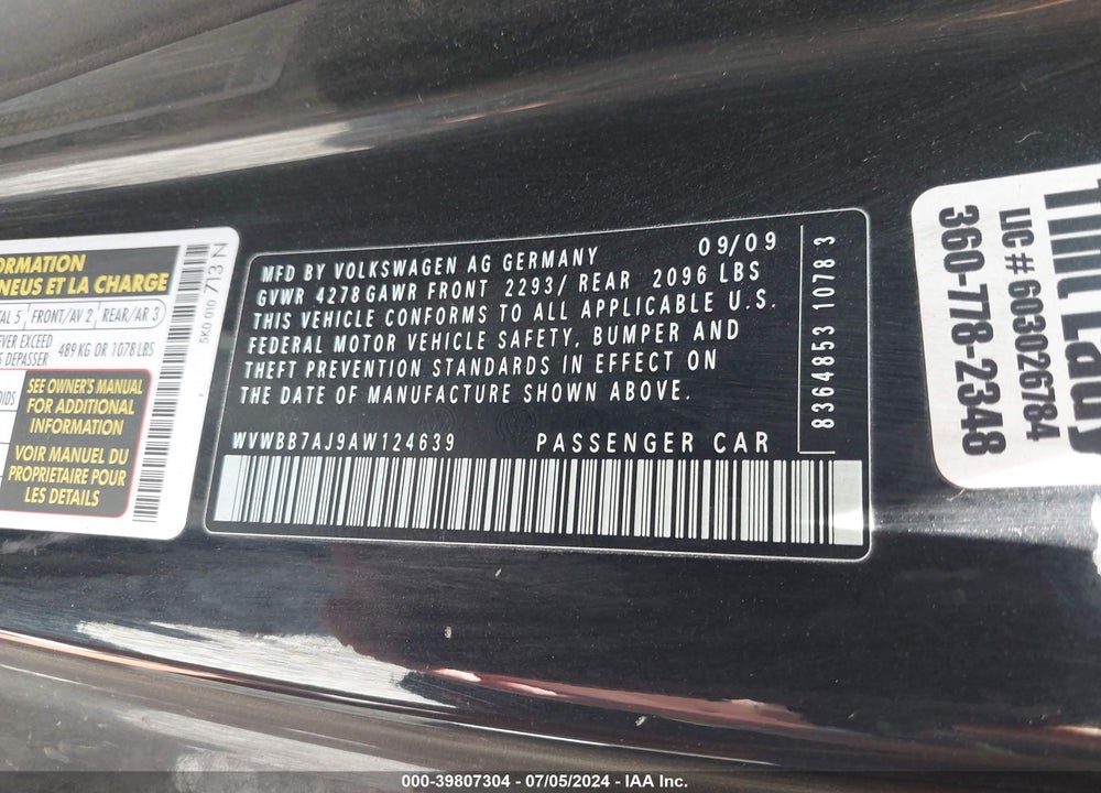 2010 VOLKSWAGEN GOLF 2-DOOR VIN: WVWBB7AJ9AW124639