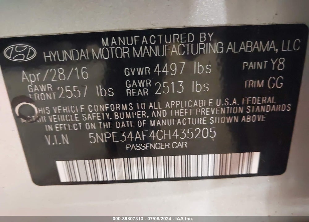 2016 HYUNDAI SONATA SPORT VIN: 5NPE34AF4GH435205