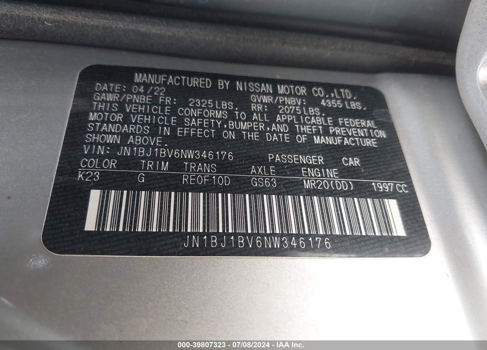 2022 NISSAN ROGUE SPORT SV FWD XTRONIC CVT VIN: JN1BJ1BV6NW346176