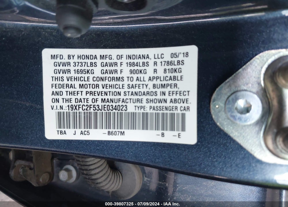 2018 HONDA CIVIC LX VIN: 19XFC2F53JE034023