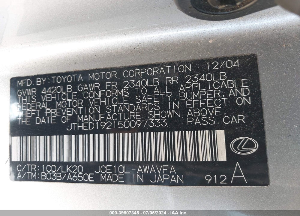 2005 LEXUS IS 300 SPORT CROSS VIN: JTHED192150097333