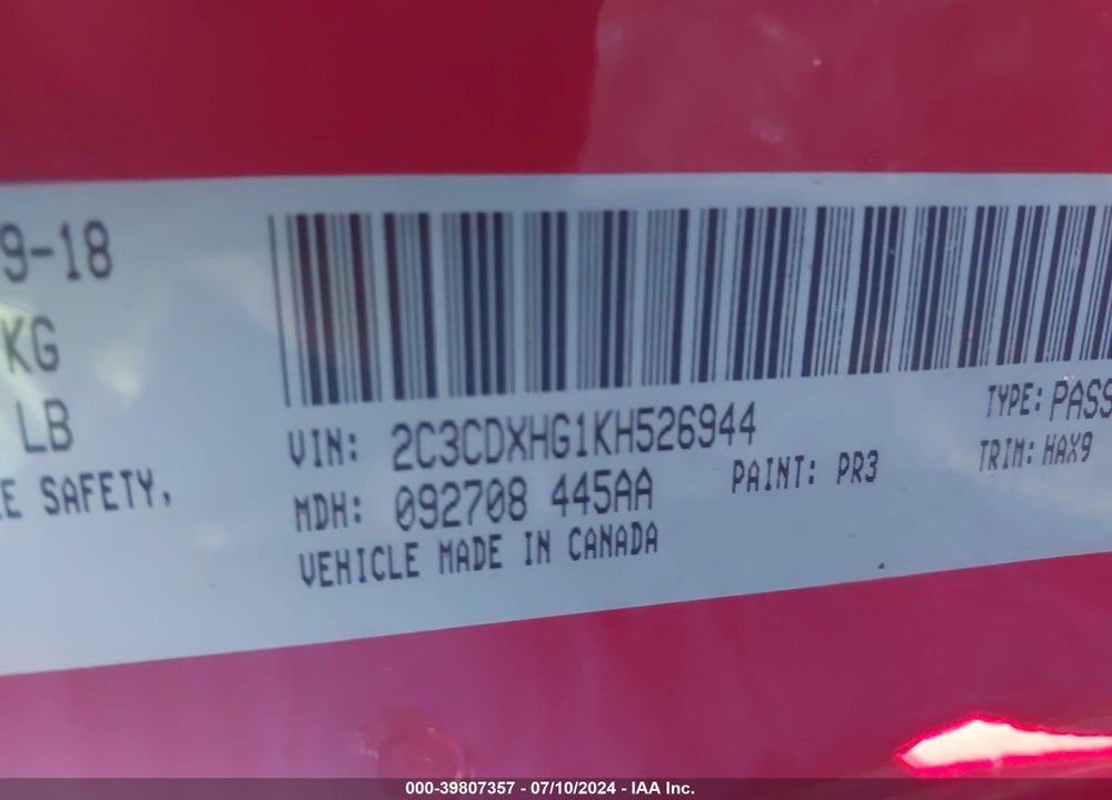 2019 DODGE CHARGER GT RWD VIN: 2C3CDXHG1KH526944