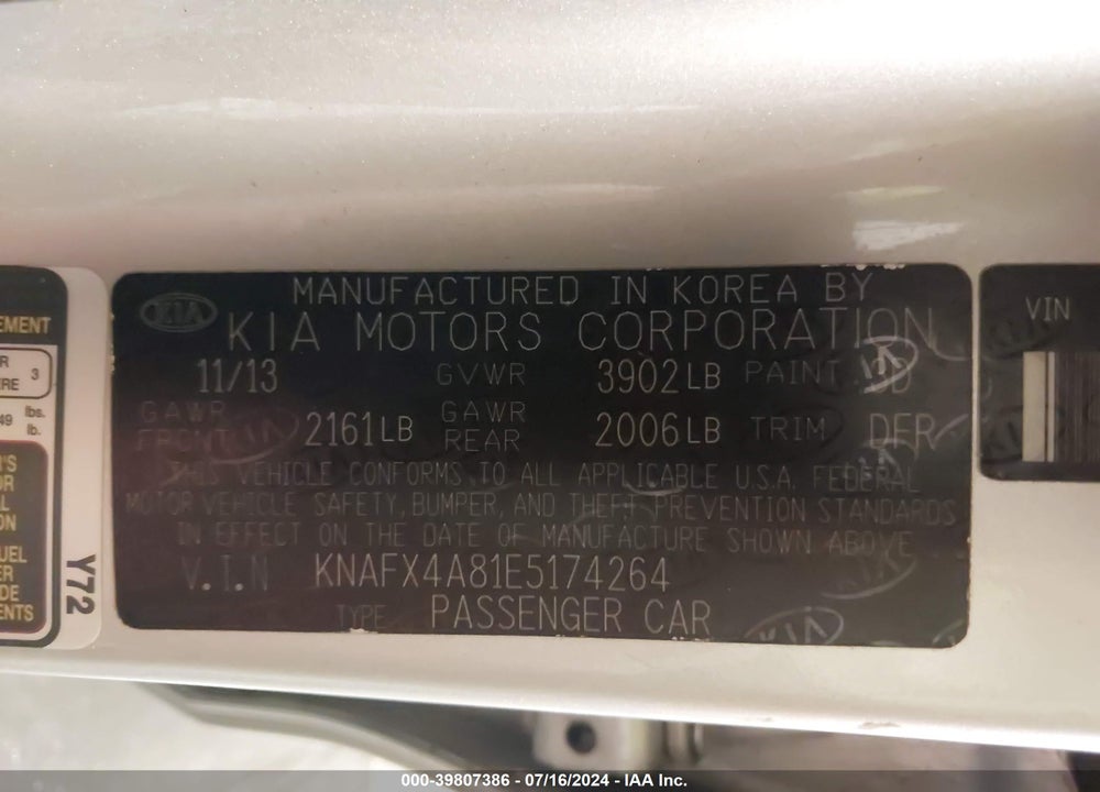 2014 KIA FORTE EX VIN: KNAFX4A81E5174264