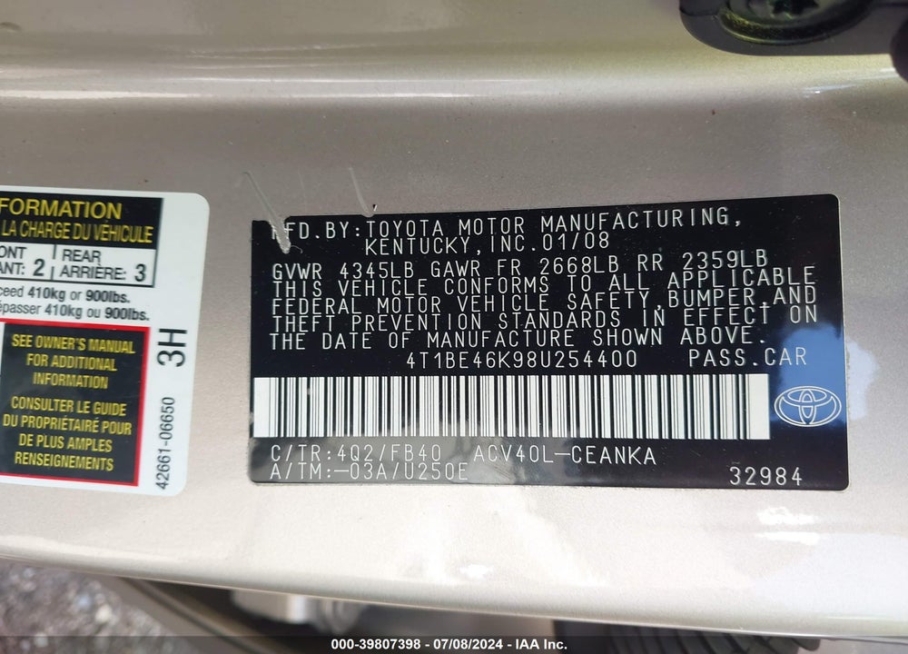 2008 TOYOTA CAMRY VIN: 4T1BE46K98U254400