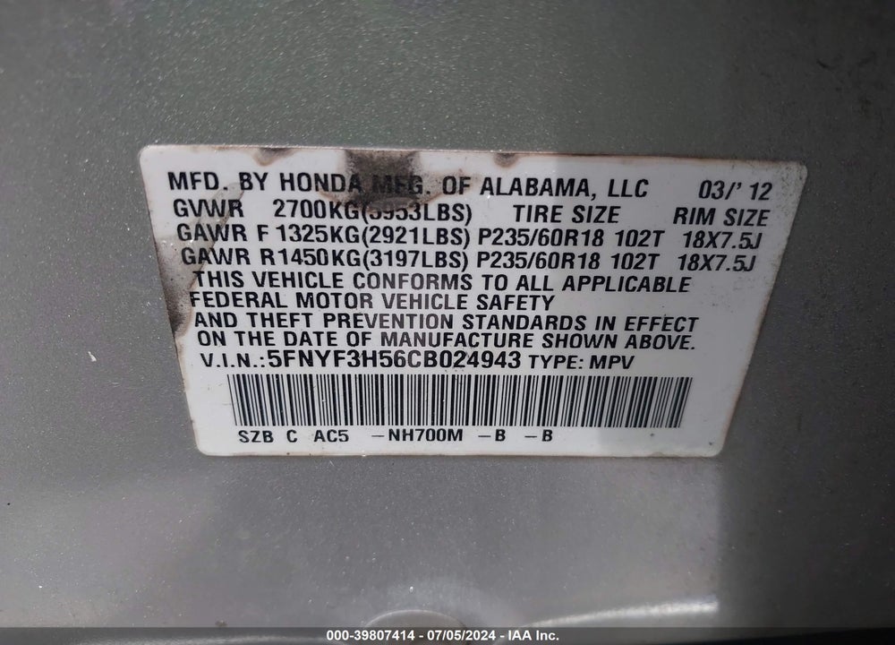 2012 HONDA PILOT EX-L VIN: 5FNYF3H56CB024943
