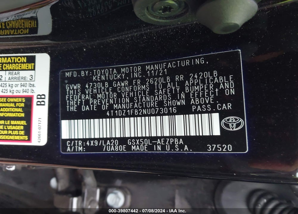 2022 TOYOTA AVALON LIMITED VIN: 4T1DZ1FB2NU073016