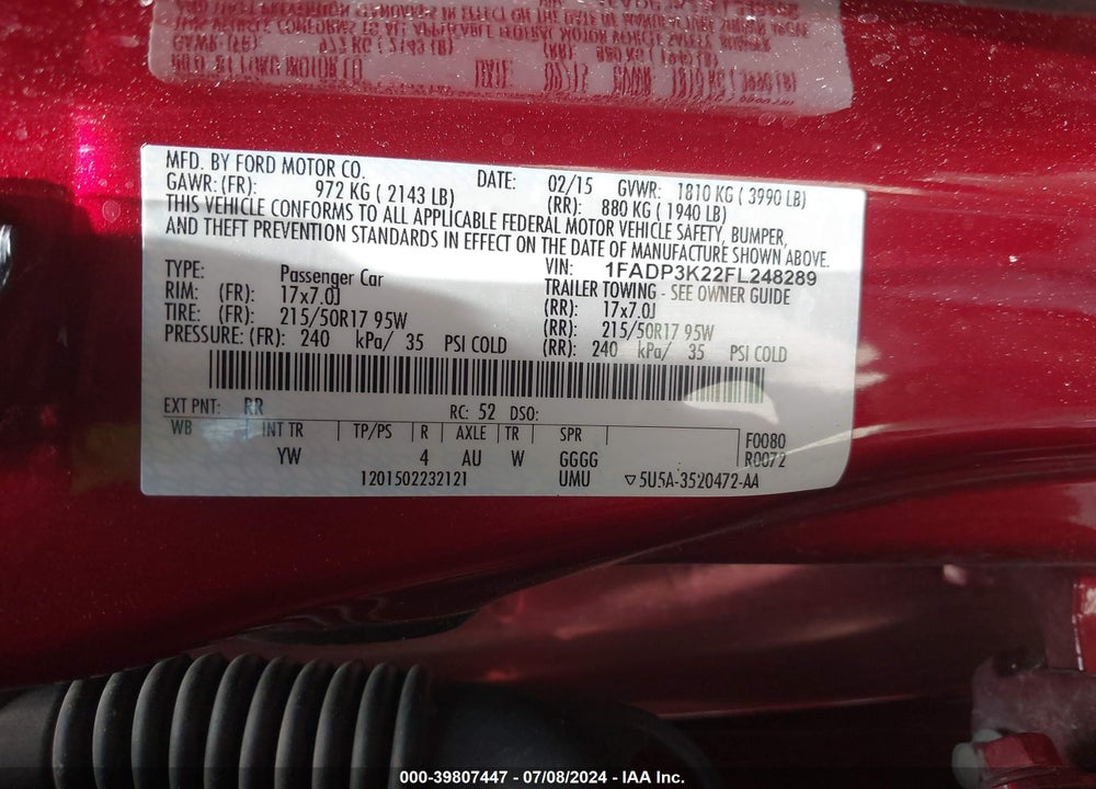 2015 FORD FOCUS SE VIN: 1FADP3K22FL248289