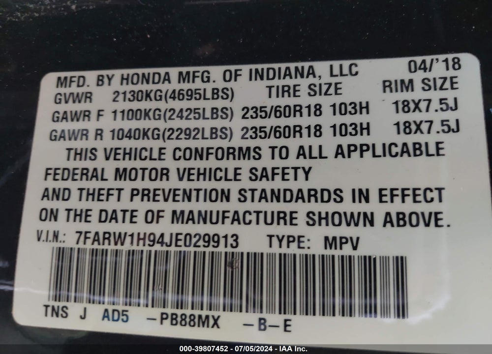 2018 HONDA CR-V TOURING VIN: 7FARW1H94JE029913