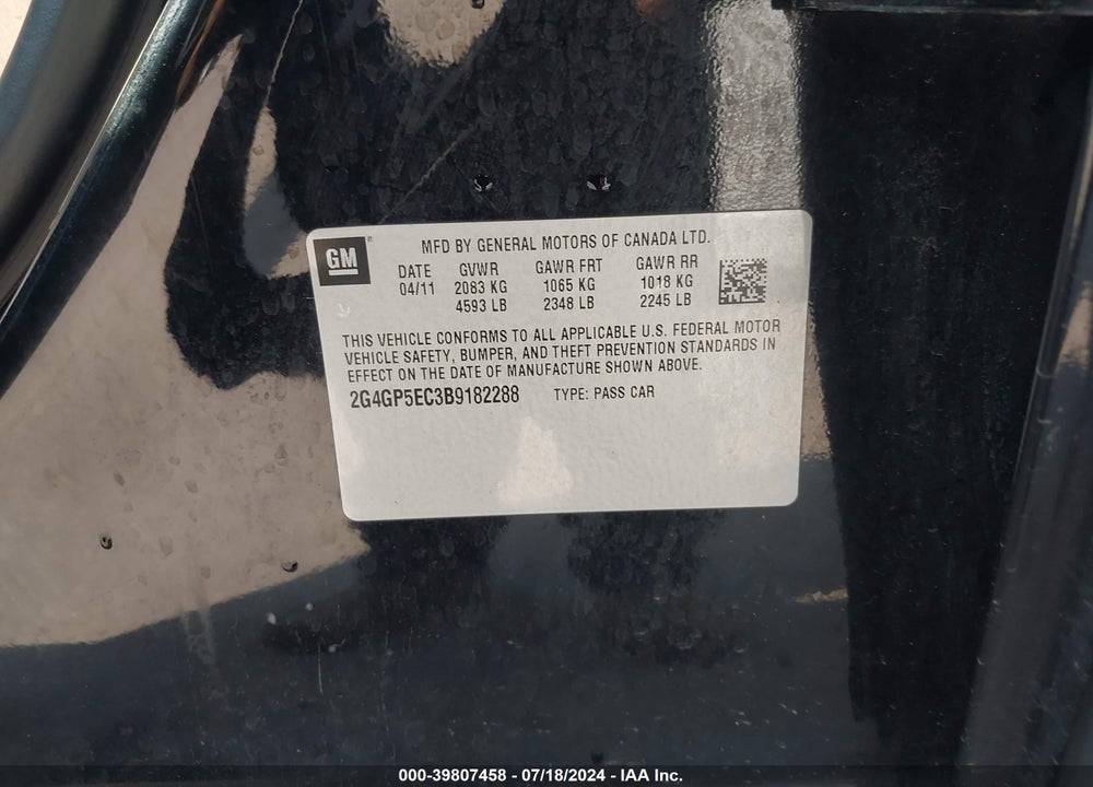 2011 BUICK REGAL VIN: 2G4GP5EC3B9182288