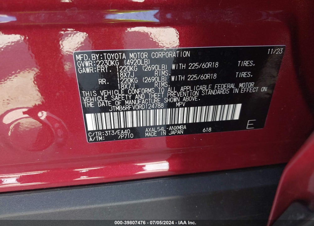 2024 TOYOTA RAV4 XLE PREMIUM HYBRID VIN: JTMB6RFV0RD124788