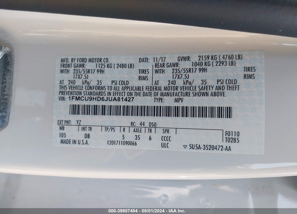 2018 FORD ESCAPE SEL VIN: 1FMCU9HD6JUA81427