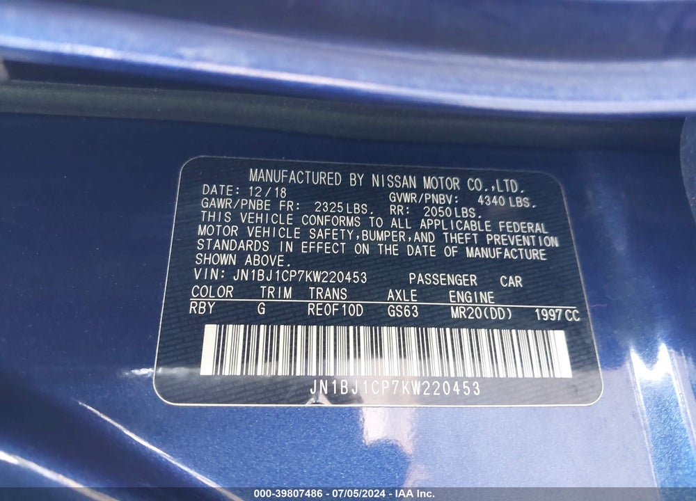 2019 NISSAN ROGUE SPORT S VIN: JN1BJ1CP7KW220453