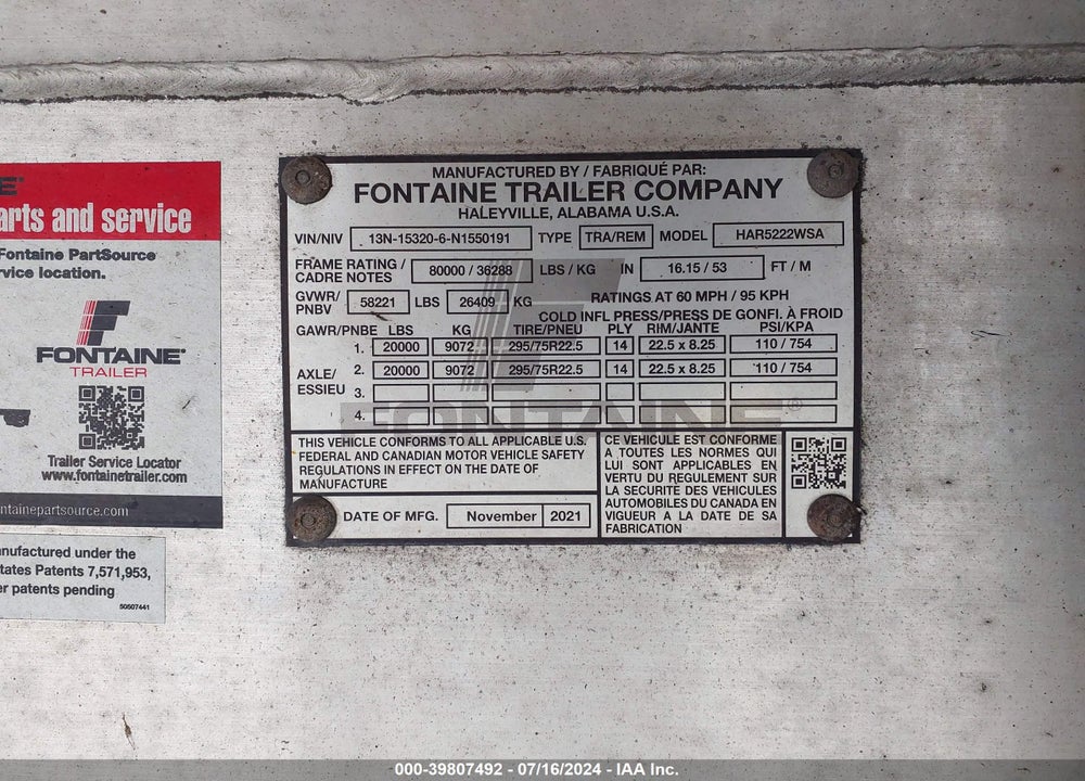 2022 FONTAINE TRAILER CO TRAILER VIN: 13N153206N1550191