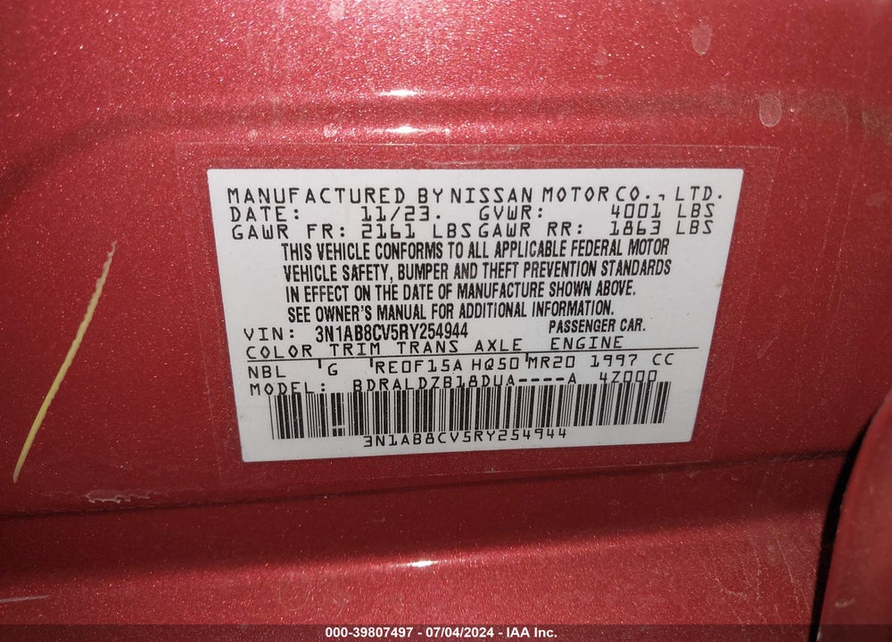 2024 NISSAN SENTRA SV XTRONIC CVT VIN: 3N1AB8CV5RY254944
