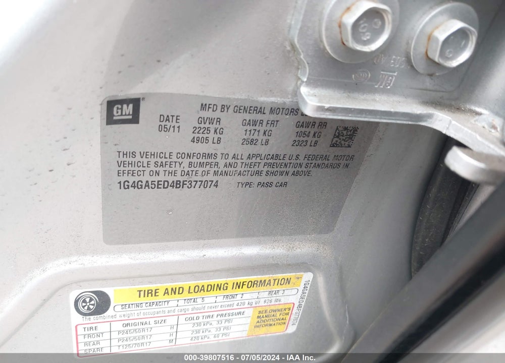2011 BUICK LACROSSE CX VIN: 1G4GA5ED4BF377074