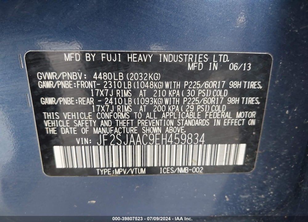 2014 SUBARU FORESTER VIN: JF2SJAAC9EH459834