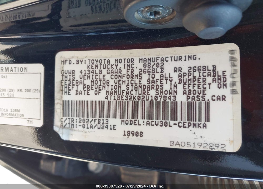 2002 TOYOTA CAMRY LE VIN: 4T1BE32K02U107843