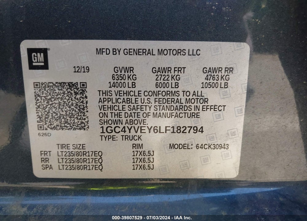 2020 CHEVROLET SILVERADO 3500HD 4WD  LONG BED HIGH COUNTRY VIN: 1GC4YVEY6LF182794