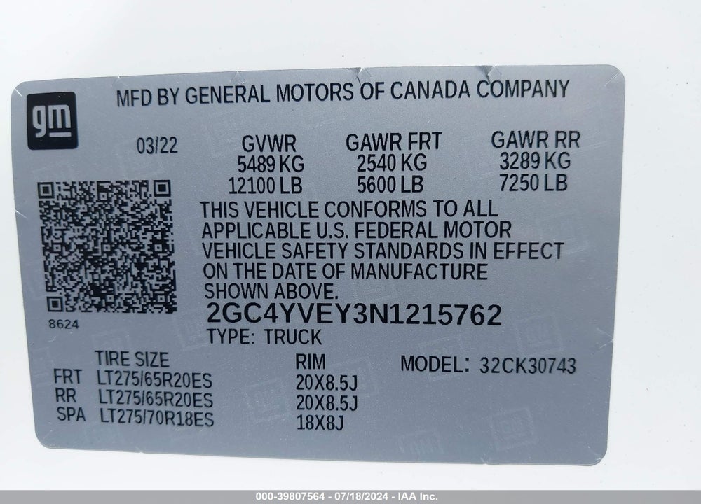 2022 CHEVROLET SILVERADO 3500HD 4WD  STANDARD BED HIGH COUNTRY VIN: 2GC4YVEY3N1215762