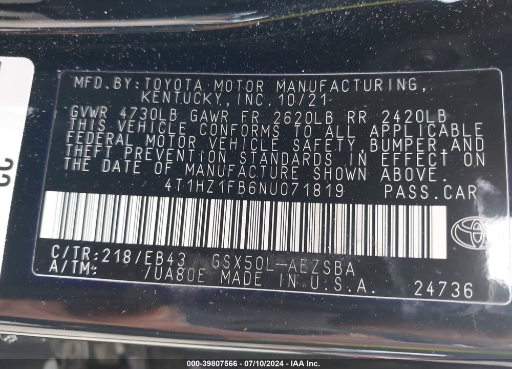 2022 TOYOTA AVALON TOURING VIN: 4T1HZ1FB6NU071819