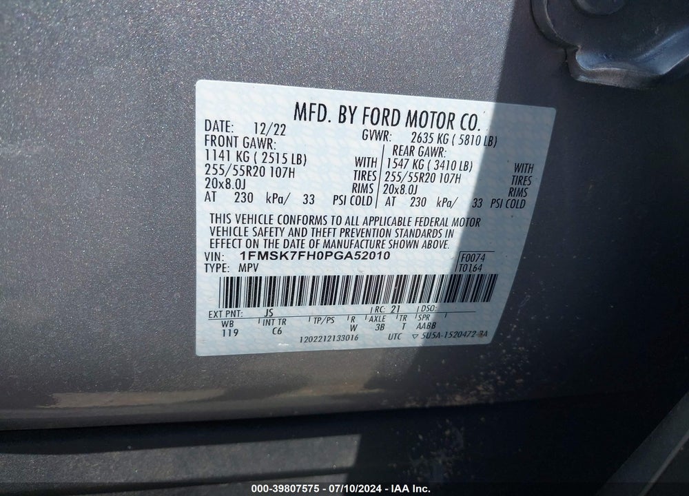2023 FORD EXPLORER LIMITED VIN: 1FMSK7FH0PGA52010