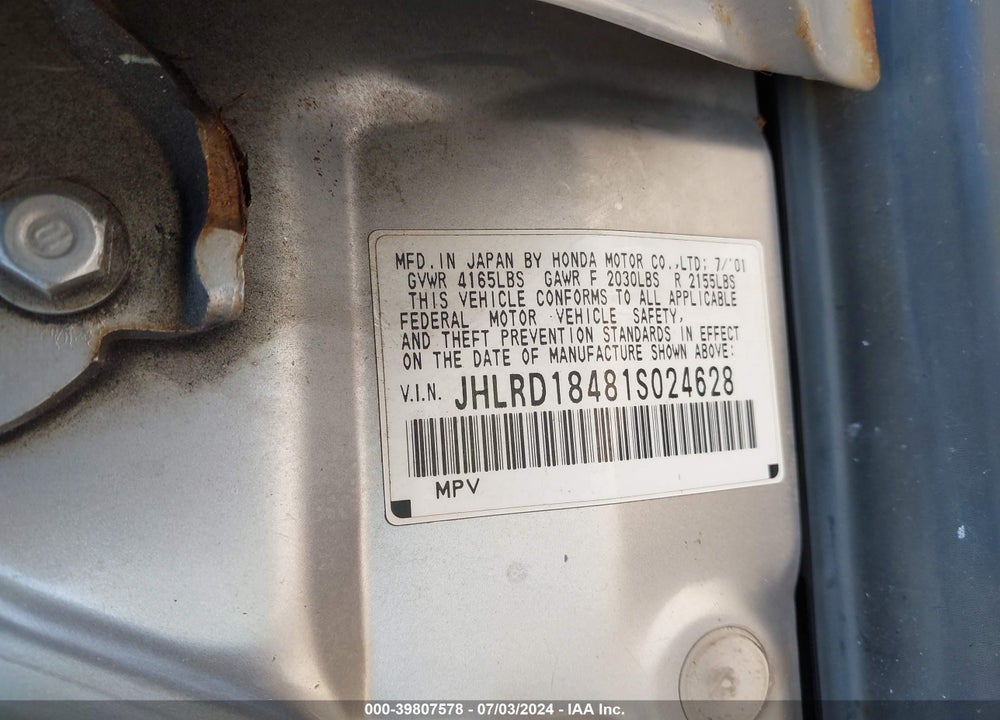 2001 HONDA CR-V LX VIN: JHLRD18481S024628