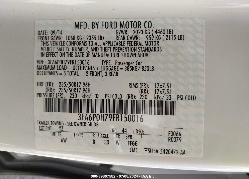 2015 FORD FUSION SE VIN: 3FA6P0H79FR150016