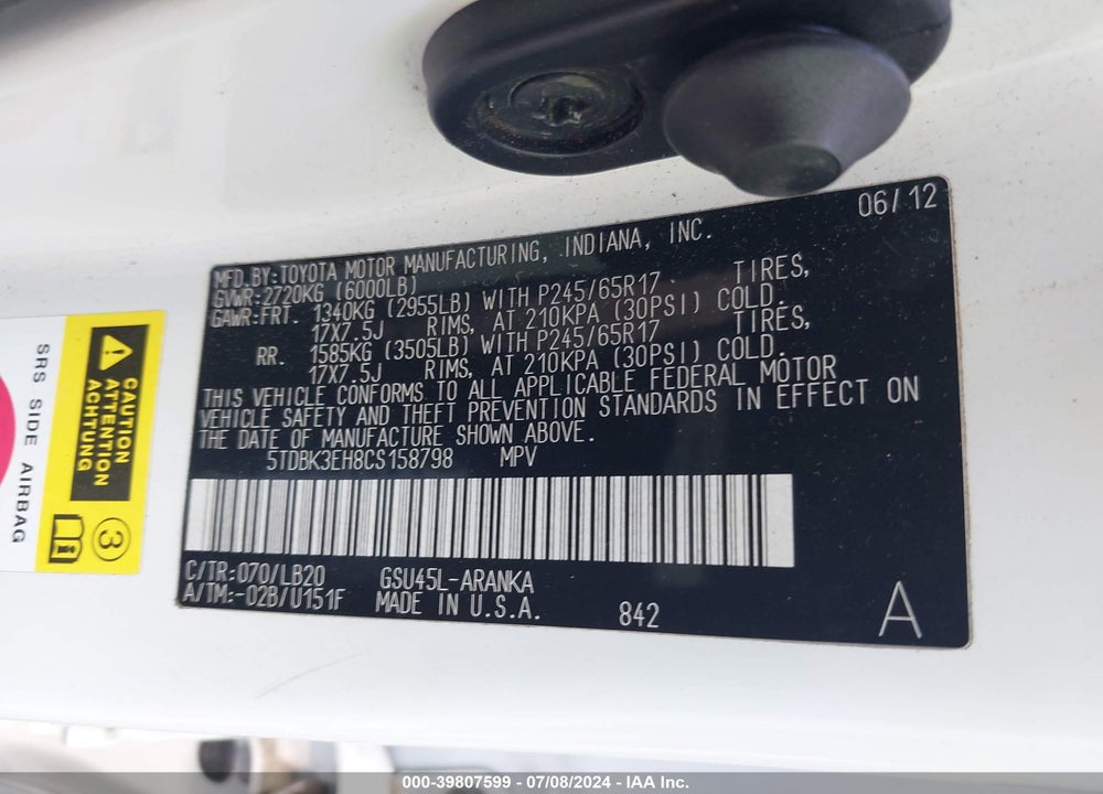 2012 TOYOTA HIGHLANDER SE V6 VIN: 5TDBK3EH8CS158798