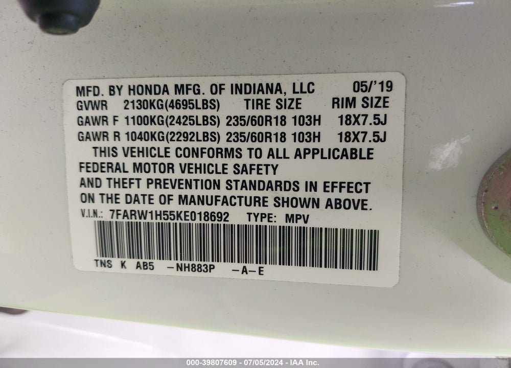 2019 HONDA CR-V EX VIN: 7FARW1H55KE018692