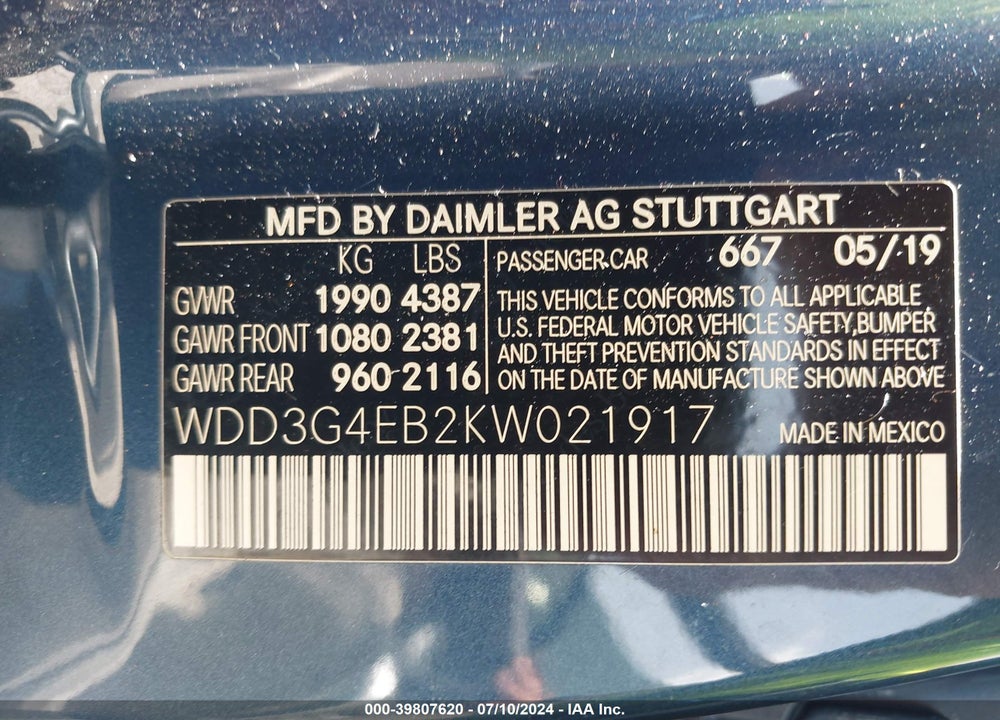 2019 MERCEDES-BENZ A 220 VIN: WDD3G4EB2KW021917