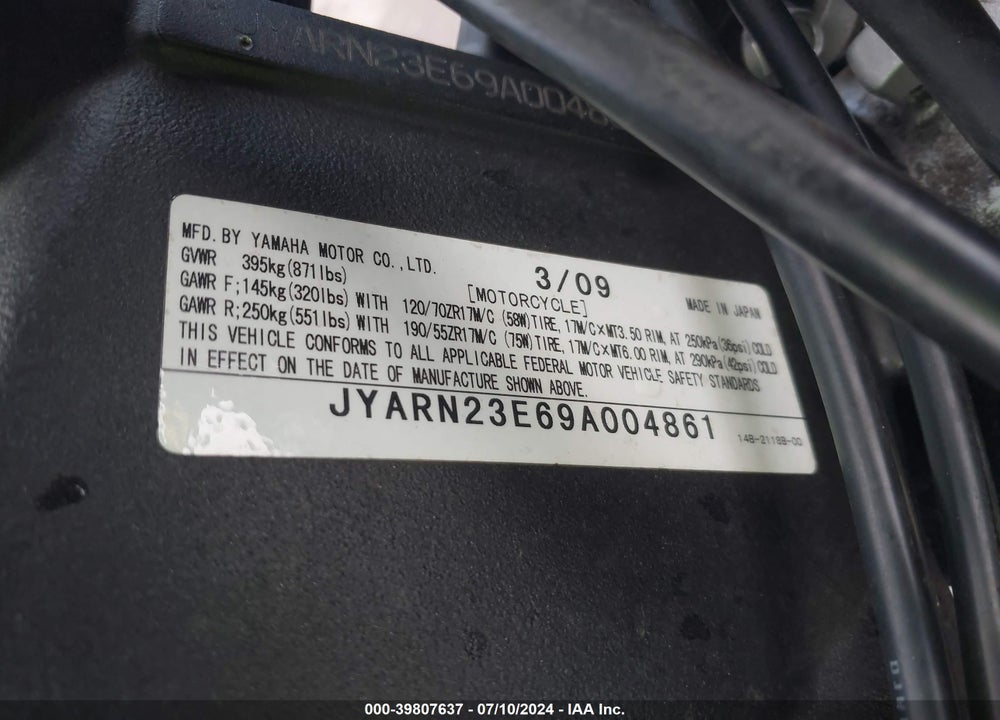 2009 YAMAHA YZFR1 VIN: JYARN23E69A004861