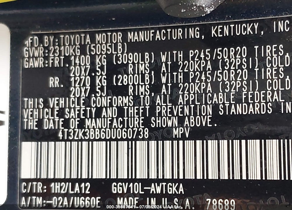 2013 TOYOTA VENZA XLE V6 VIN: 4T3ZK3BB6DU060738