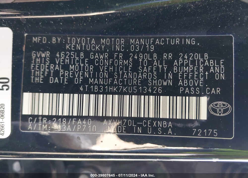 2019 TOYOTA CAMRY HYBRID LE VIN: 4T1B31HK7KU513426