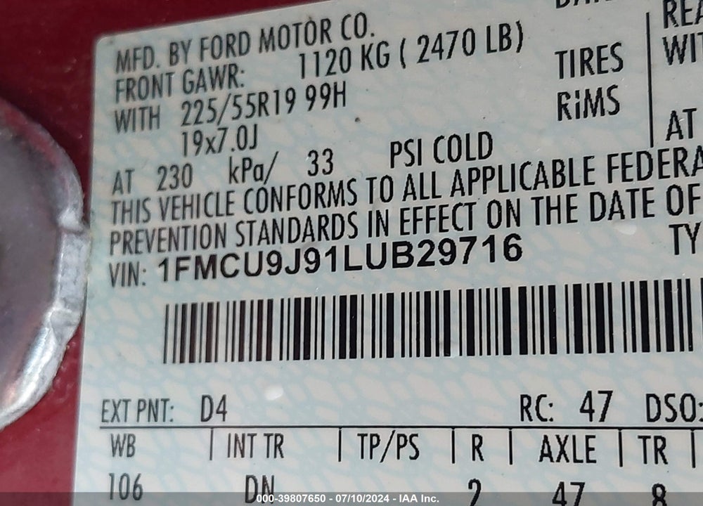 2020 FORD ESCAPE TITANIUM VIN: 1FMCU9J91LUB29716