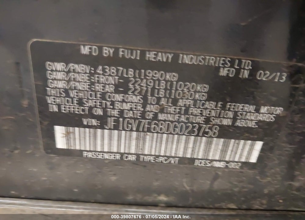 2013 SUBARU IMPREZA WRX PREMIUM VIN: JF1GV7F68DG023758