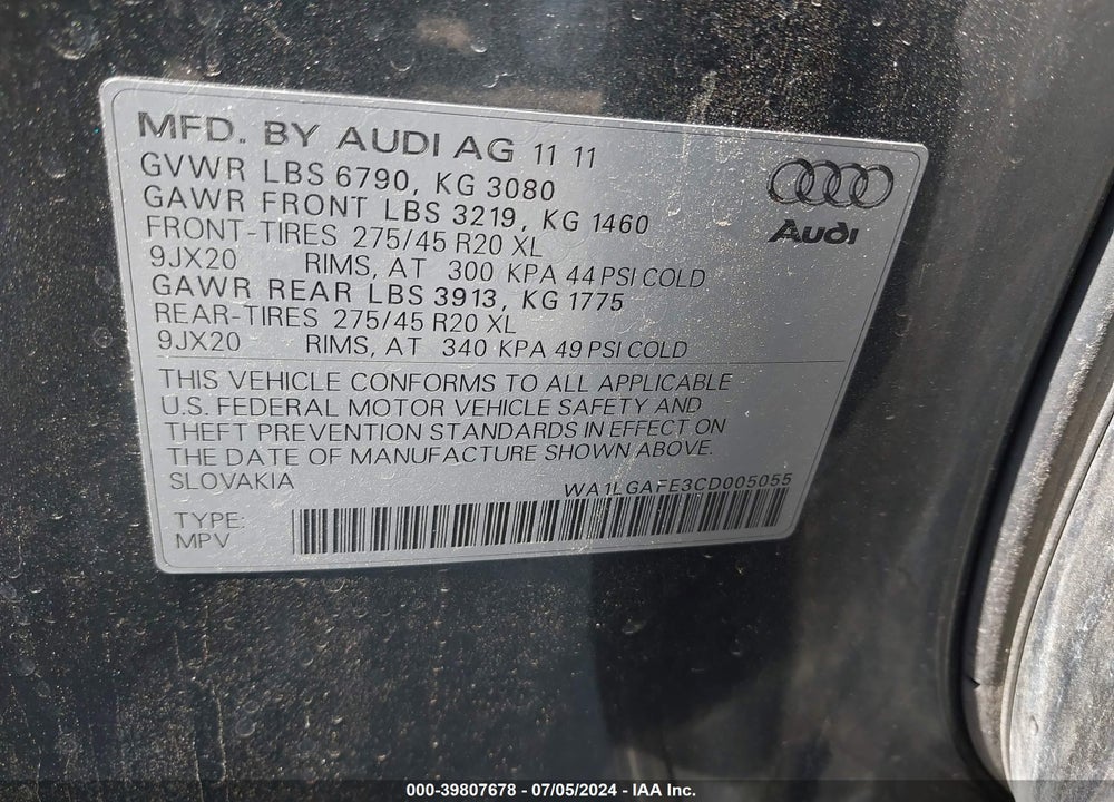 2012 AUDI Q7 3.0T PREMIUM VIN: WA1LGAFE3CD005055