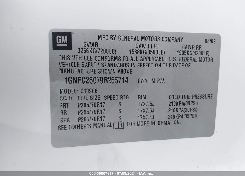 2009 CHEVROLET SUBURBAN 1500 LT1 VIN: 1GNFC26079R265714