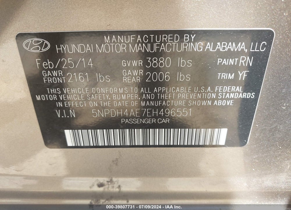2014 HYUNDAI ELANTRA SE VIN: 5NPDH4AE7EH496551