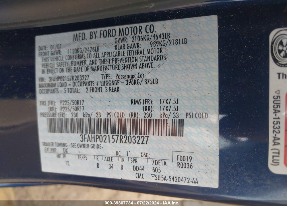 2007 FORD FUSION SEL VIN: 3FAHP02157R203227