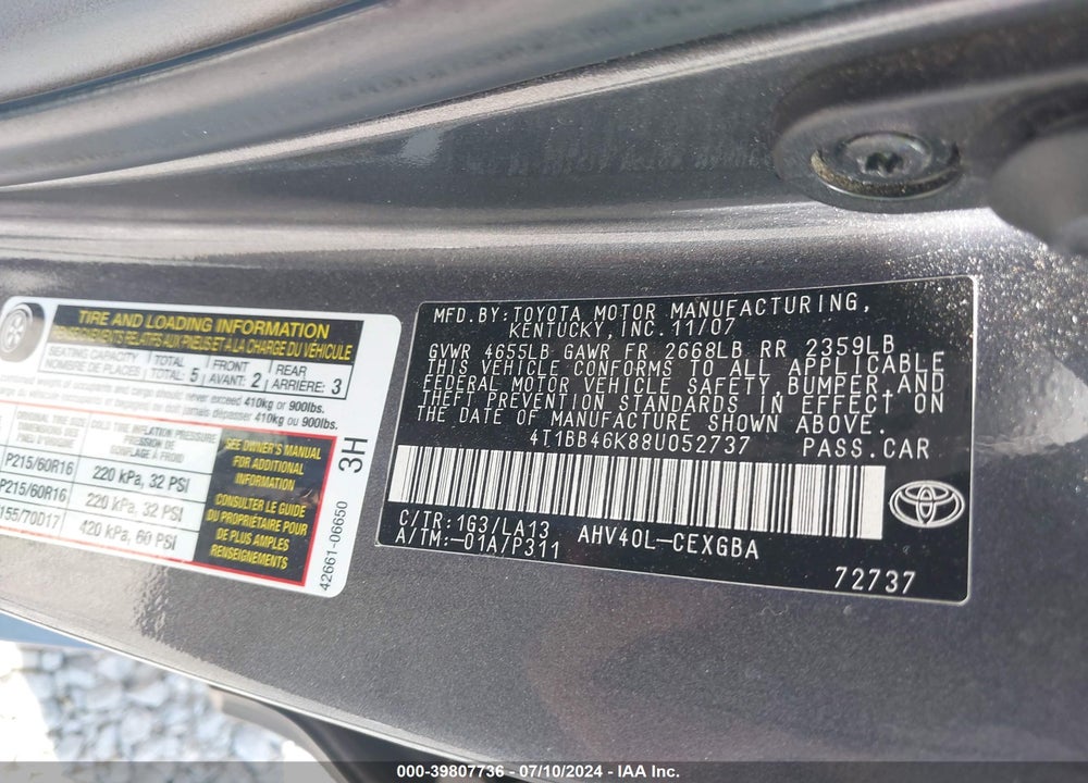 2008 TOYOTA CAMRY HYBRID VIN: 4T1BB46K88U052737