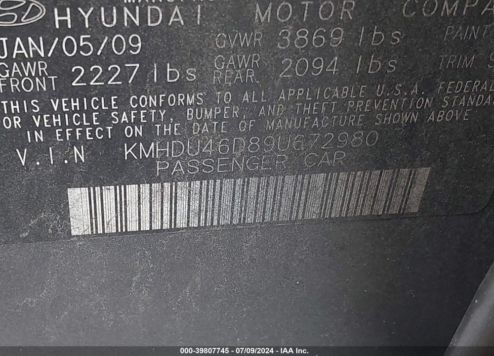 2009 HYUNDAI ELANTRA GLS VIN: KMHDU46D89U672980