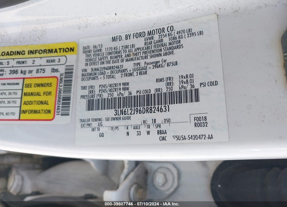 2013 LINCOLN MKZ VIN: 3LN6L2J96DR824631