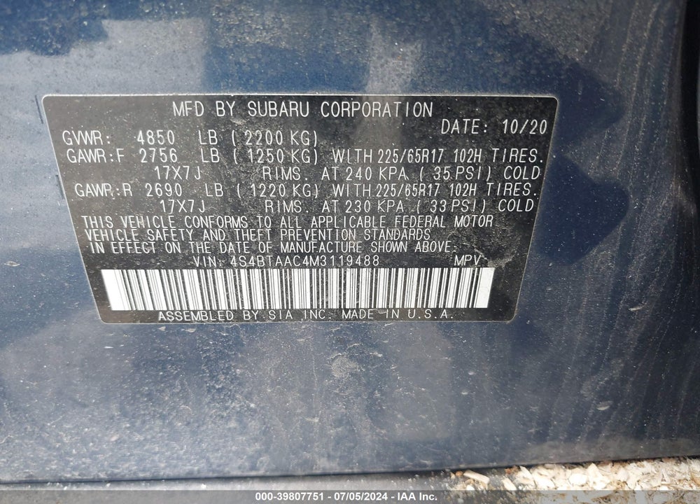 2021 SUBARU OUTBACK VIN: 4S4BTAAC4M3119488