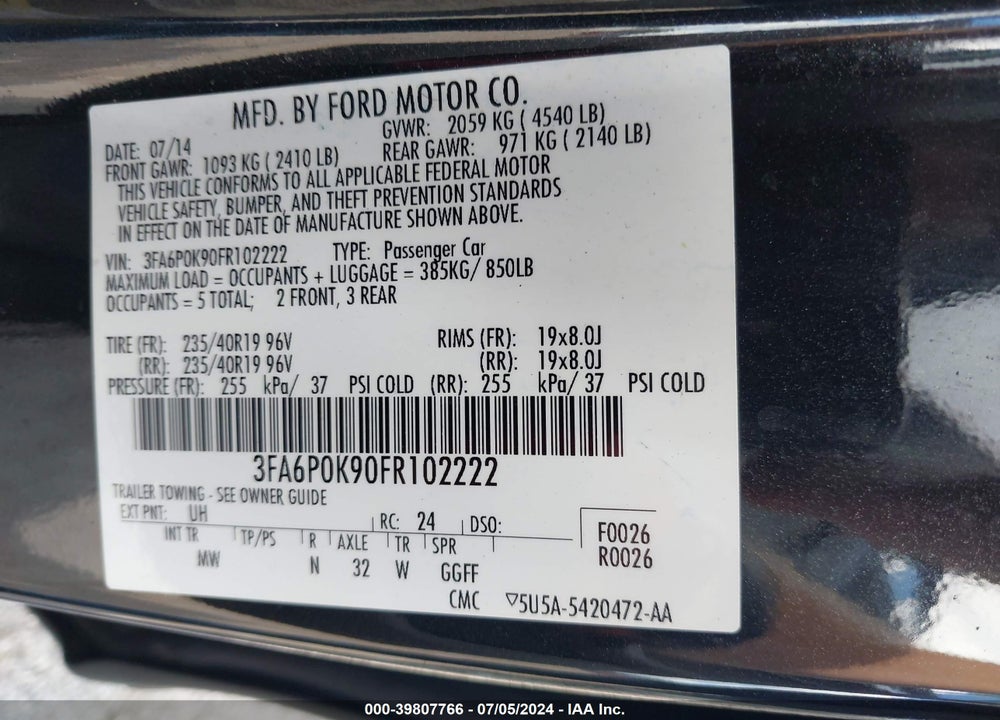 2015 FORD FUSION TITANIUM VIN: 3FA6P0K90FR102222