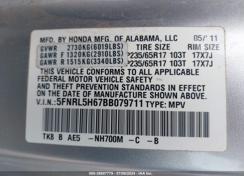 2011 HONDA ODYSSEY EX-L VIN: 5FNRL5H67BB079711