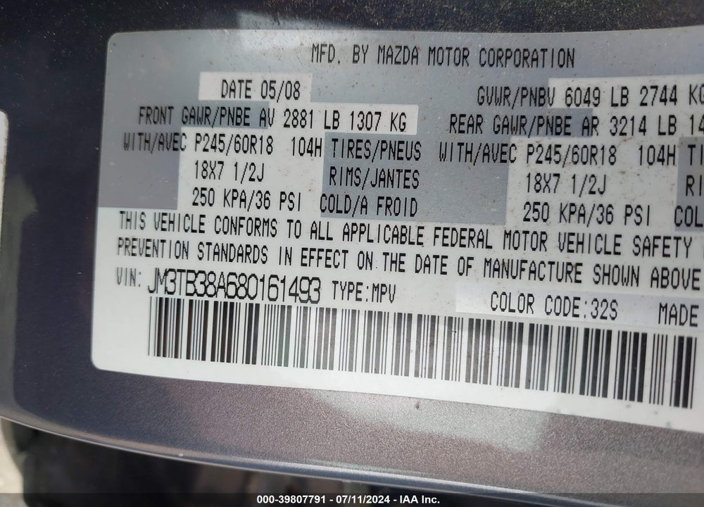 2008 MAZDA CX-9 TOURING VIN: JM3TB38A680161493