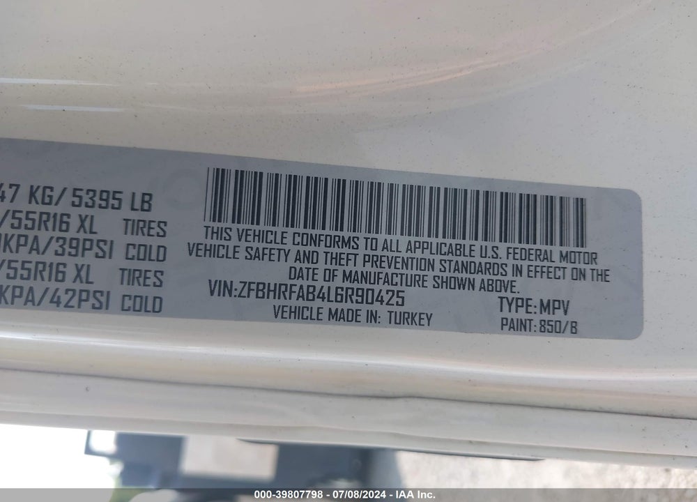 2020 RAM PROMASTER CITY TRADESMAN VIN: ZFBHRFAB4L6R90425
